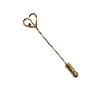 Heart Shaped Gold Tone Stick Pin Brooch With Clear Rhinestone Accent